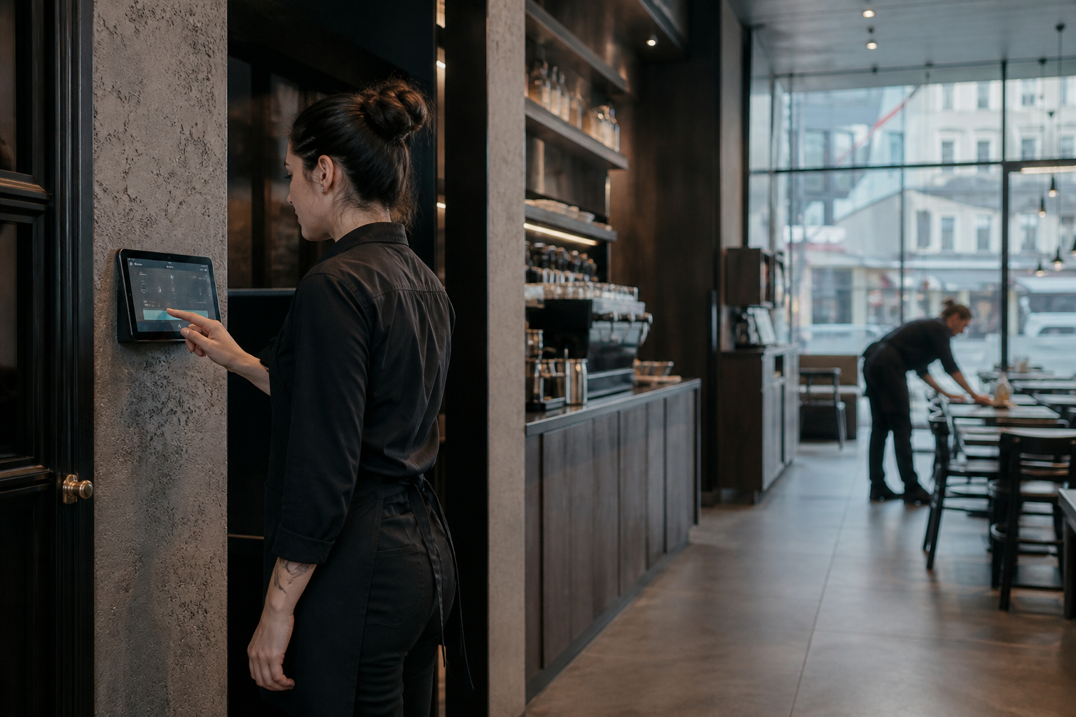 Opening-shift staff member using a shared tablet in a cafe