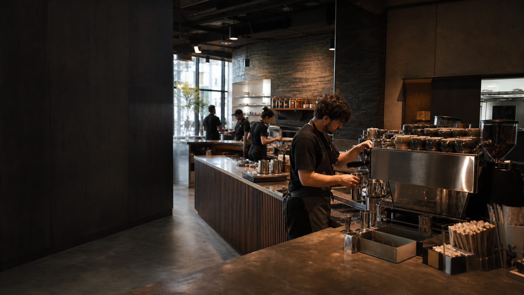Baristas working behind the counter of a contemporary specialty cafe